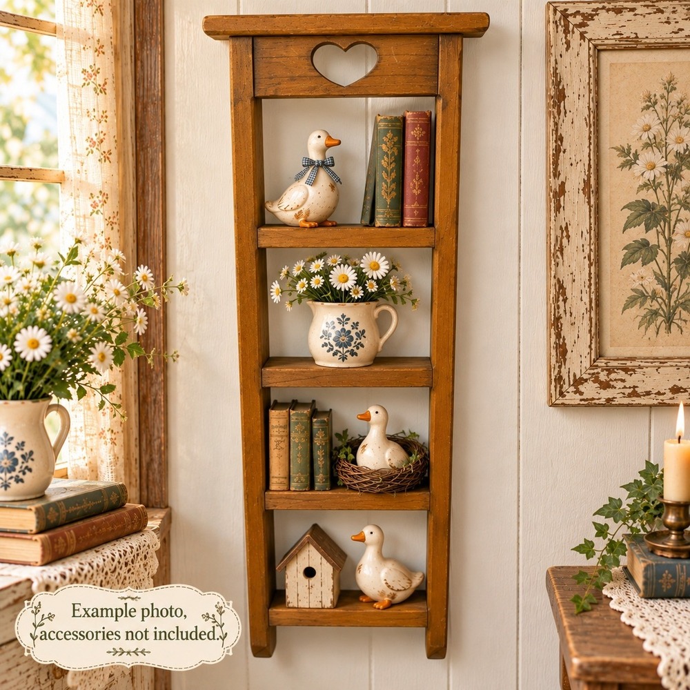 Rustic Solid Wood Heart Wall 5 Shelf 20x6" Cottagecore Farmhouse Country Display